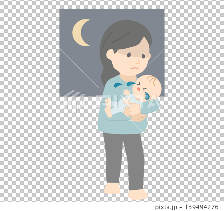 一名女子抱著哭泣的嬰兒行走。 一名女子抱著哭泣的嬰兒行走。 139494276
