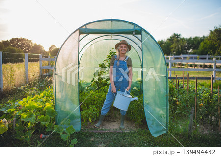 Woman watering plants in greenhouse garden during sunny afternoon. Woman watering plants in greenhouse garden during sunny afternoon. 139494432