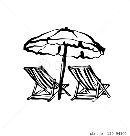 Two wooden deck chairs under a large beach umbrella. The scene suggests relaxation and leisure by the seaside. Outline vector illustration for travel advertising or vacation card, logo or sticker 139494503