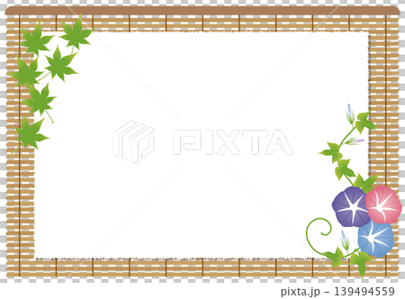 A frame design featuring blue maple leaves and morning glories in a bamboo blind style (summer). 139494559