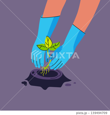 Gloved hands carefully planting a young green seedling into dark soil. Flat vector illustration, simple bold colors. Growth, gardening, environmental care, sustainability, eco-friendly actions 139494709