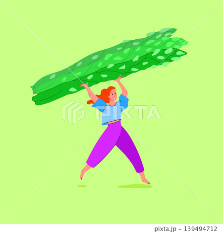 Smiling woman carrying an oversized green asparagus above her head. Bright bold colors, flat vector illustration. Healthy eating, fresh produce, vegetarian lifestyle, organic farming, nutritious food Smiling woman carrying an oversized green asparagus above her head. Bright bold colors, flat vector illustration. Healthy eating, fresh produce, vegetarian lifestyle, organic farming, nutritious food 139494712