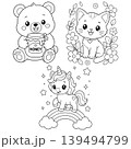 Cute Animal Coloring Page Set with Bear, Kitten, and Unicorn 139494799