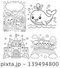 Magical Fantasy Coloring Page Bundle with Castle, Whale, and Animals 139494800