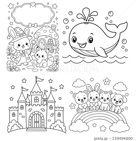 Magical Fantasy Coloring Page Bundle with Castle, Whale, and Animals Magical Fantasy Coloring Page Bundle with Castle, Whale, and Animals 139494800
