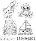Cute Cartoon Animals and Objects Coloring Page Set 139494801
