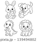 Cute Animals Coloring Page Set with Bunny, Puppy, Dinosaur and Lion 139494802