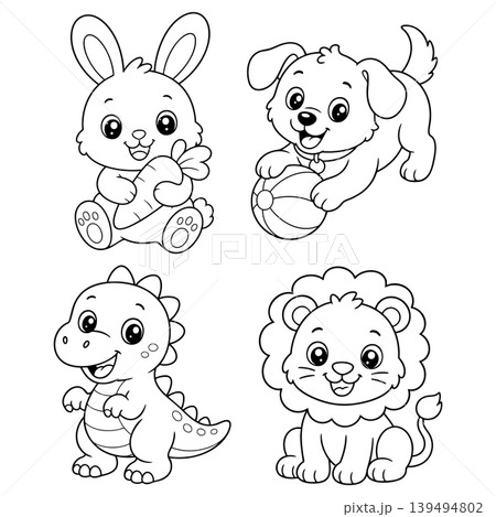 Cute Animals Coloring Page Set with Bunny, Puppy, Dinosaur and Lion Cute Animals Coloring Page Set with Bunny, Puppy, Dinosaur and Lion 139494802