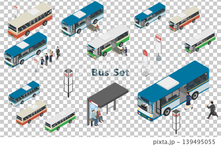 Isometric illustration: set of buses and bus stops Isometric illustration: set of buses and bus stops 139495055
