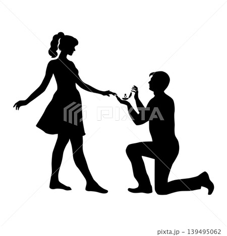 Man standing on one knee and holding engagement ring making proposal to pretty woman. Black silhouettes isolated on a white background. Couple of happy young people. Stock vector illustration 139495062