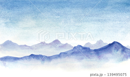 Watercolor landscape of misty blue mountains, atmospheric panorama of a mountain range against the sky. Horizontal illustration of mountains shrouded in fog. Watercolor landscape of misty blue mountains, atmospheric panorama of a mountain range against the sky. Horizontal illustration of mountains shrouded in fog. 139495075