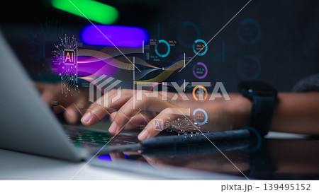 Hands typing on laptop with virtual icons of AI artificial intelligence, machine learning and big data analytics for business innovation and digital transformation concept. Hands typing on laptop with virtual icons of AI artificial intelligence, machine learning and big data analytics for business innovation and digital transformation concept. 139495152