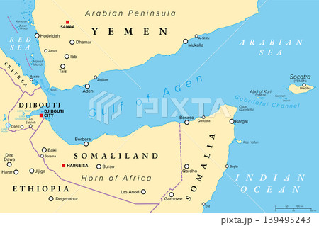 Gulf of Aden, political map. Deepwater gulf of the Indian Ocean between Yemen, the Arabian Sea, Djibouti, the Guardafui Channel, the Socotra Archipelago, Somaliland, and Puntland in Somalia. Vector Gulf of Aden, political map. Deepwater gulf of the Indian Ocean between Yemen, the Arabian Sea, Djibouti, the Guardafui Channel, the Socotra Archipelago, Somaliland, and Puntland in Somalia. Vector 139495243