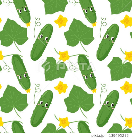 Funny cucumber character seamless pattern with flowers and leaves on white background Funny cucumber character seamless pattern with flowers and leaves on white background 139495255