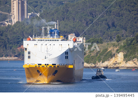 Cargo ship moves through water with tugboat guiding it near the coast in a busy harbor area during bright daylight 139495445