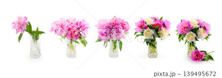 pink and white peonies in transparent glass vases on white background pink and white peonies in transparent glass vases on white background 139495672