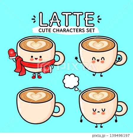 Cute kawaii latte coffee character set with adorable cartoon expressions Cute kawaii latte coffee character set with adorable cartoon expressions 139496197