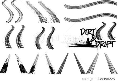 Black grunge tire tracks collection. Set of dirty wheel marks, skid and drift patterns on white background Black grunge tire tracks collection. Set of dirty wheel marks, skid and drift patterns on white background 139496225
