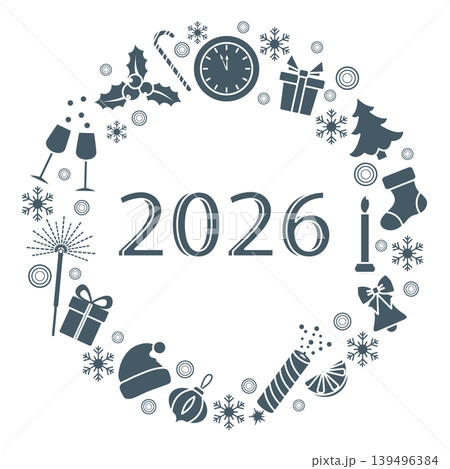 New Year 2026 celebration wreath with festive icons and clock, featuring copy space for text New Year 2026 celebration wreath with festive icons and clock, featuring copy space for text 139496384