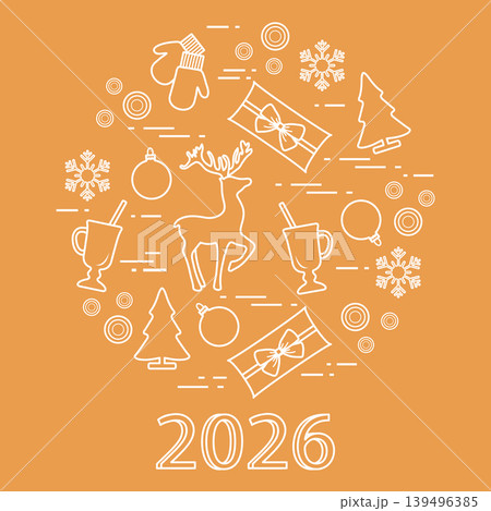 Christmas and New Year 2026 illustration with festive symbols on orange background Christmas and New Year 2026 illustration with festive symbols on orange background 139496385