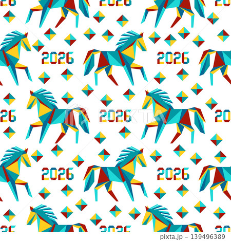 Geometric horse pattern with 2026 text and colorful diamond shapes, suitable for background Geometric horse pattern with 2026 text and colorful diamond shapes, suitable for background 139496389