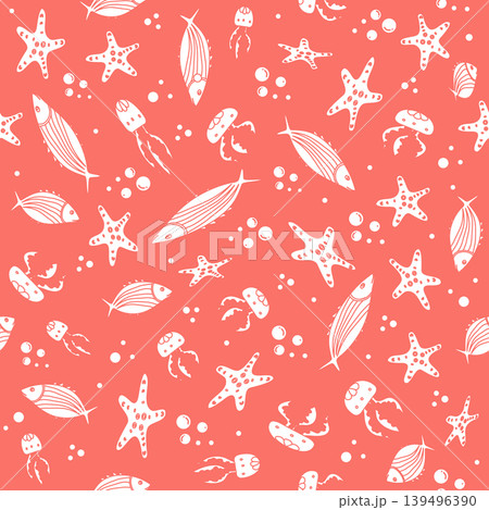 Underwater pattern with fish, starfish, and jellyfish on a coral background Underwater pattern with fish, starfish, and jellyfish on a coral background 139496390