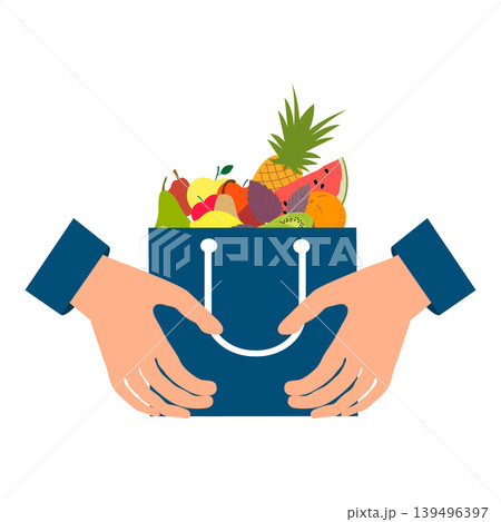 Grocery bag filled with various fruits and vegetables with hands holding it on white background Grocery bag filled with various fruits and vegetables with hands holding it on white background 139496397