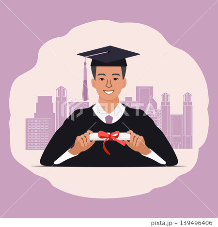 Graduation celebration with a young graduate holding diploma in cityscape background Graduation celebration with a young graduate holding diploma in cityscape background 139496406