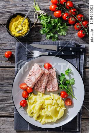 Slices of classic head cheese with mashed potatoes 139496503