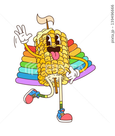 Cartoon groovy corn cob on a skewer character. Isolated vector cheerful maize cob vegetable retro fast food personage with ripe kernels, rainbow and joyful face expression, ready for barbecue party 139496666