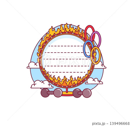 Kids memo note of circus show fire ring frame for message sticker, cartoon vector. Adhesive post or sticky note of juggling rings and strongman dumbbells for daily to do list plan or kids memo note Kids memo note of circus show fire ring frame for message sticker, cartoon vector. Adhesive post or sticky note of juggling rings and strongman dumbbells for daily to do list plan or kids memo note 139496668