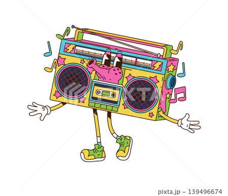 Cartoon groovy hippie retro y2k boombox music character dancing with sound music notes. Vector funky trippy vintage radio device personage with cassette speaker and smile enjoying travel and vacation Cartoon groovy hippie retro y2k boombox music character dancing with sound music notes. Vector funky trippy vintage radio device personage with cassette speaker and smile enjoying travel and vacation 139496674