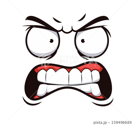 Cartoon angry face expression emoji with wide staring eyes, heavily furrowed brows and mouth tensed in toothy grimace. Cartoon angry mood face for social media reactions or educational materials 139496689