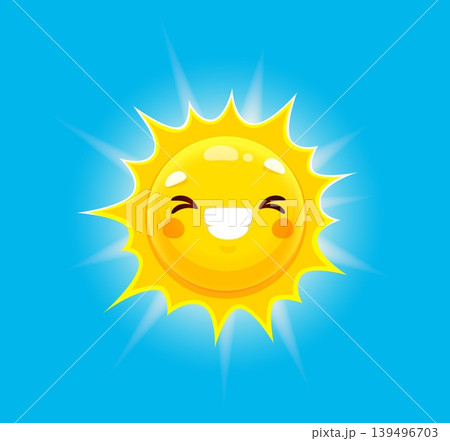 Cartoon cute sun mascot character with smile face. Shiny sun with closed eyes, blushing cheeks, and broad smile with golden rays and glowing beams. Vector personage for summer event promotions Cartoon cute sun mascot character with smile face. Shiny sun with closed eyes, blushing cheeks, and broad smile with golden rays and glowing beams. Vector personage for summer event promotions 139496703