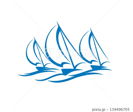Sail yachting sport regatta icon. Vector sailboats gliding across blue ocean waves. Emblem with water vessels emphasizes competition, motion, freedom and nautical journey for marine club or sea travel Sail yachting sport regatta icon. Vector sailboats gliding across blue ocean waves. Emblem with water vessels emphasizes competition, motion, freedom and nautical journey for marine club or sea travel 139496705