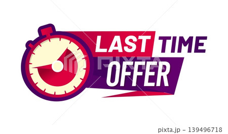 Last time offer icon with stopwatch and text. Sale timer badge showing red purple timer with tick marks and a sweeping hand. Bold vector icon for email marketing, website banner, retail promotion 139496718