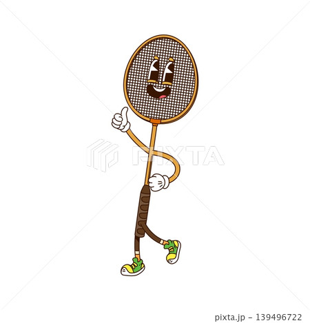 Cartoon groovy badminton racquet or sport hippie character, comic vector emoji. Groovy badminton racquet character with funny face, happy smile and thumb up gesture in good vibes and Y2K hipster shoes 139496722