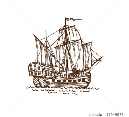 Vintage pirate sail ship and sailboat. Nautical maritime ship with waves. European wooden galleon and warship sketch. Vector hand drawn engraved sea transport with flags, mast, rigging and wooden hull 139496724