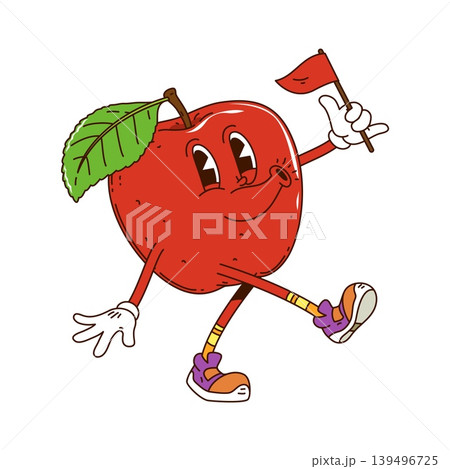 Cartoon groovy red apple character with green leaf and vintage sneakers walking with a flag in hand and happily whistling. Funky cheerful ripe healthy fruit personage showcasing positive y2k vibes 139496725