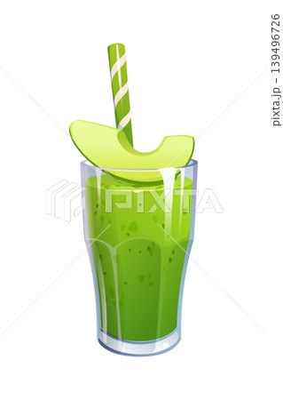 Cartoon healthy green smoothie drink transparent glass containing thick green juice with natural pulp, green apple wedge rests on top. Vector green healthy smoothie beverage with fresh avocado slice 139496726