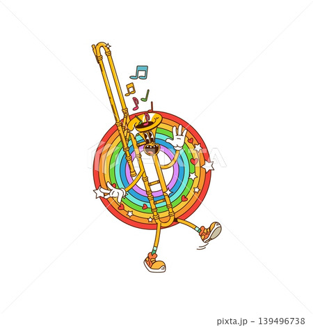 Cartoon groovy music and sound trombone character. Dancing personage in orange sneakers sings joyfully with vibrant rainbow record. Funky vector trombone with disco and party vibes for music festival Cartoon groovy music and sound trombone character. Dancing personage in orange sneakers sings joyfully with vibrant rainbow record. Funky vector trombone with disco and party vibes for music festival 139496738