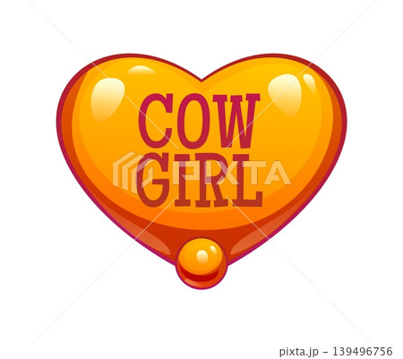 Cowgirl or disco cowboy cartoon groovy golden heart for girly design, vector icon. Wild West cowgirl t shirt print and Western girly cowboy disco party heart shape buckle or country ranch girl badge 139496756
