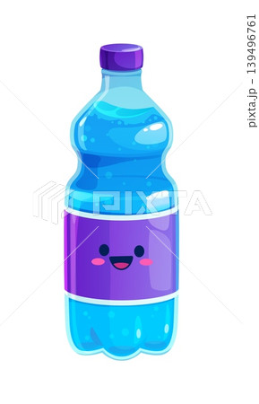 Cartoon water drink. Cute kawaii plastic bottle of water with wide purple band and cheerful cartoon face. Vector fresh water drink character with cheerful expression. Refreshing beverage in container 139496761