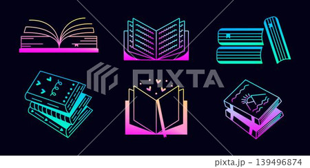 Gradient neon book set, luminescent vector icons in different variations, back to school sign collection 139496874