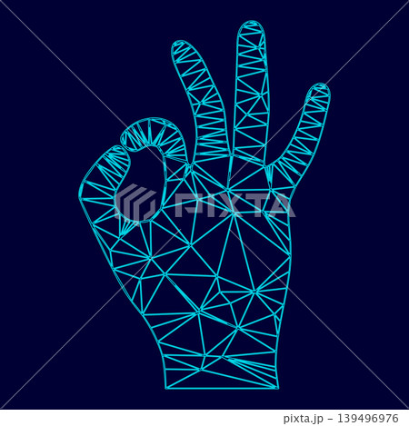 The sign perfectly shows the hand low poly triangulation triangulated polygonal electric cyan blue vibrant aqua neon color vector illustration image outline contour line The sign perfectly shows the hand low poly triangulation triangulated polygonal electric cyan blue vibrant aqua neon color vector illustration image outline contour line 139496976