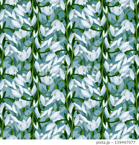 White snowdrops, green branches. Seamless floral botanical pattern. Digital watercolor hand drawn. For design of invitations, certificates, postcards, flyers, textiles, fabrics, stationery 139497077
