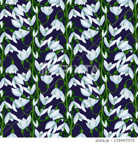 White snowdrops, green branches. Seamless floral botanical pattern. Digital watercolor hand drawn 139497078