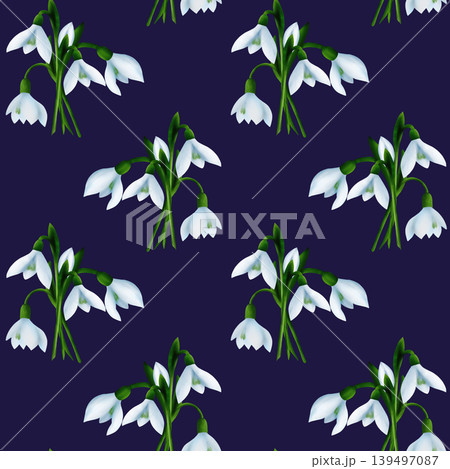 White snowdrops, green branches. Seamless floral botanical pattern. Digital watercolor hand drawn 139497087