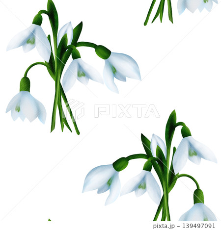 White snowdrops, green branches. Seamless floral botanical pattern. Digital watercolor hand drawn White snowdrops, green branches. Seamless floral botanical pattern. Digital watercolor hand drawn 139497091