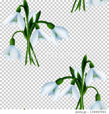 White snowdrops, green branches. Seamless floral botanical pattern. Digital watercolor hand drawn White snowdrops, green branches. Seamless floral botanical pattern. Digital watercolor hand drawn 139497091